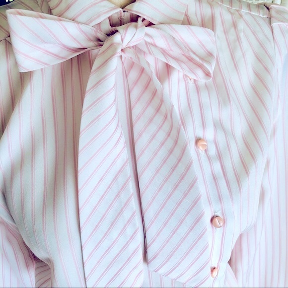 VINTAGE 70s Dress White Pink Stripes Bow Tie Belted size 10 - Picture 5 of 16